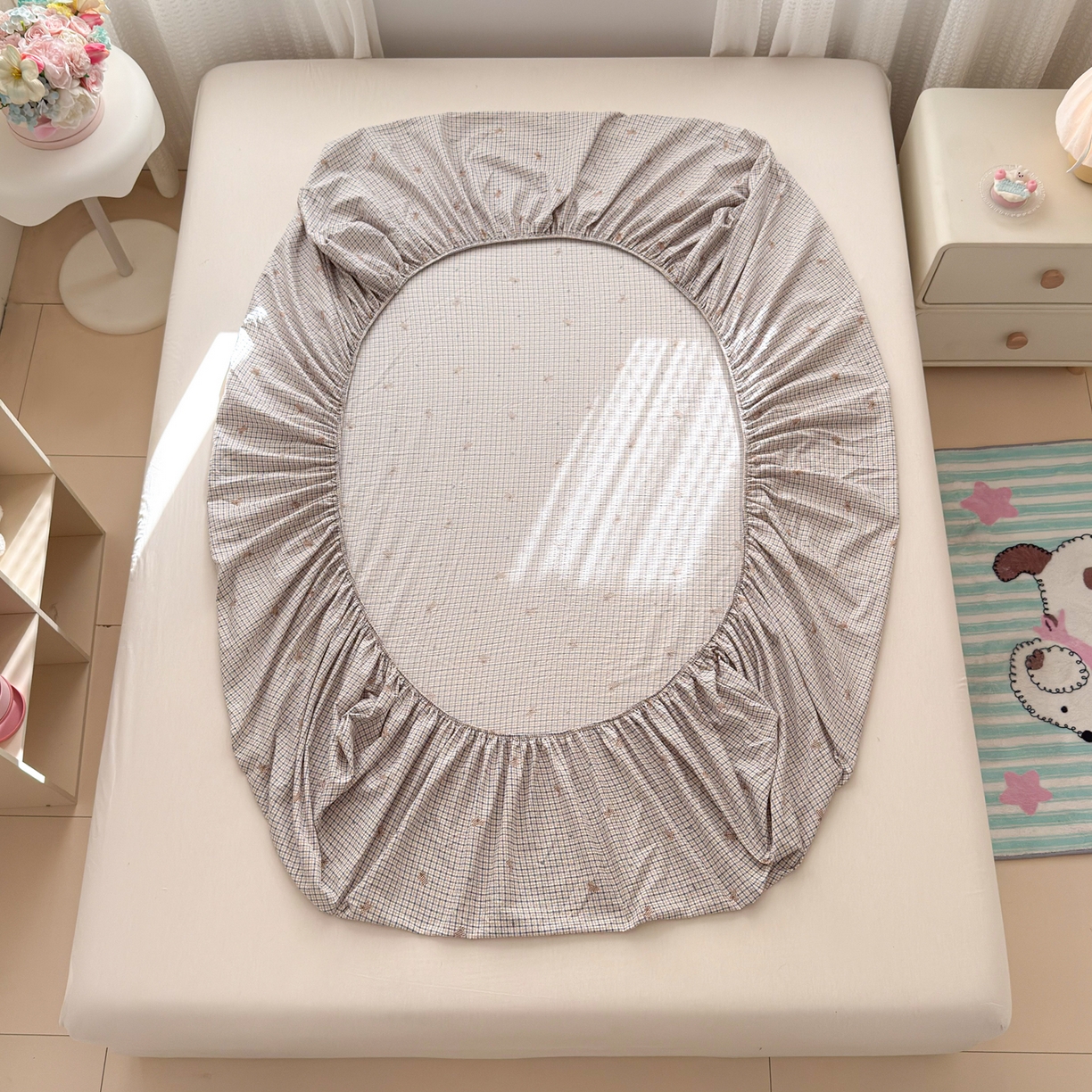 91家纺网 家纺一手货源 找家纺 丽美人家纺 2026新款A类柔软双层皱皱纱印花单床笠床笠单件 柔格小狗