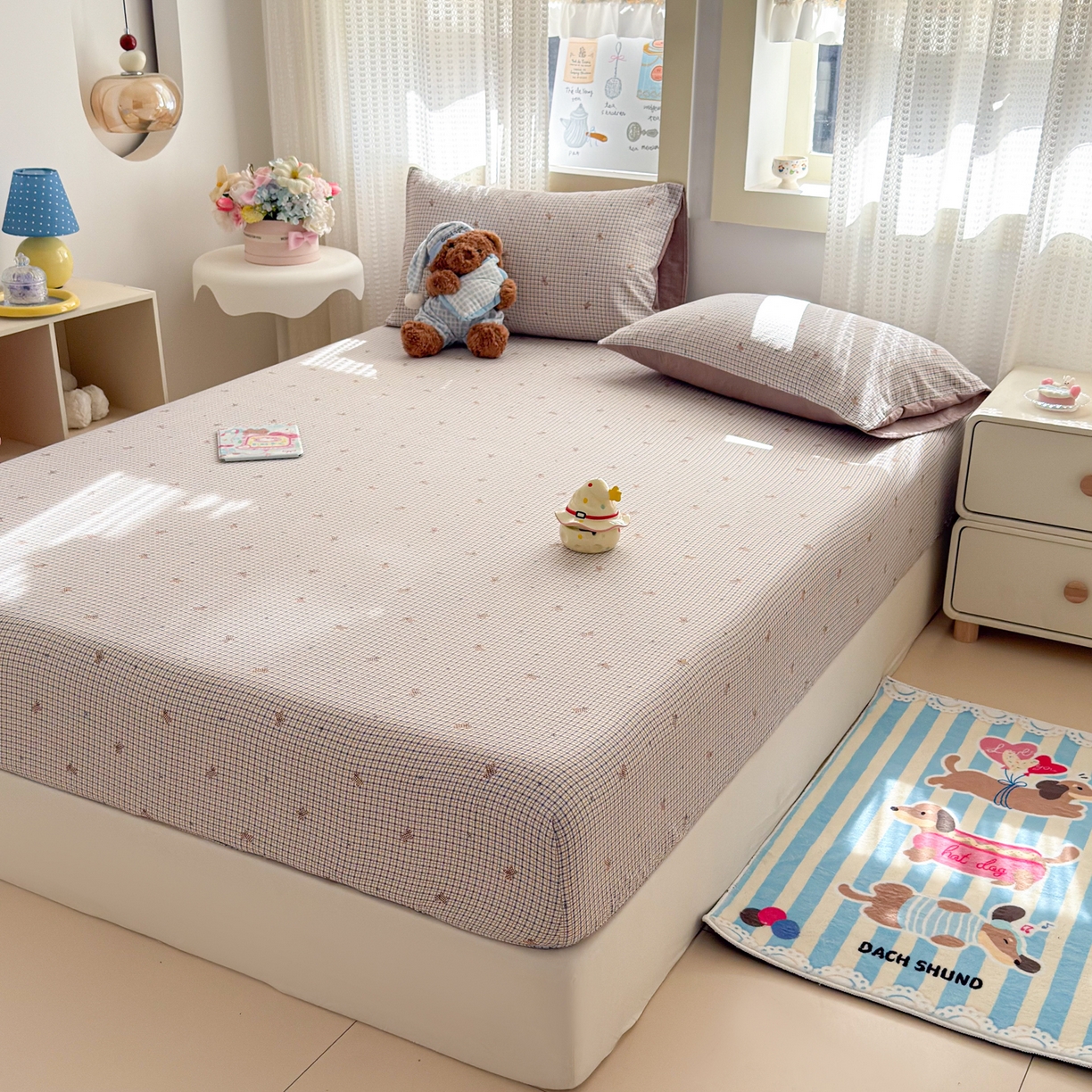 91家纺网 家纺一手货源 找家纺 丽美人家纺 2026新款A类柔软双层皱皱纱印花单床笠床笠单件 柔格小狗