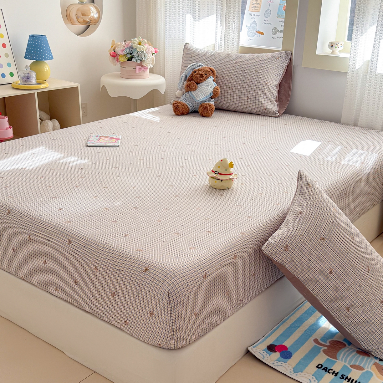 91家纺网 家纺一手货源 找家纺 丽美人家纺 2026新款A类柔软双层皱皱纱印花单床笠床笠单件 柔格小狗