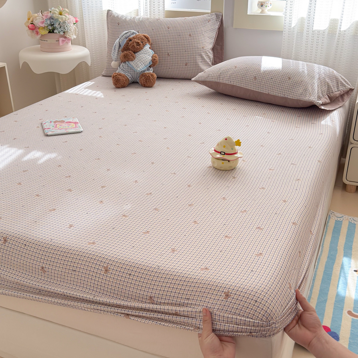 91家纺网 家纺一手货源 找家纺 丽美人家纺 2026新款A类柔软双层皱皱纱印花单床笠床笠单件 柔格小狗