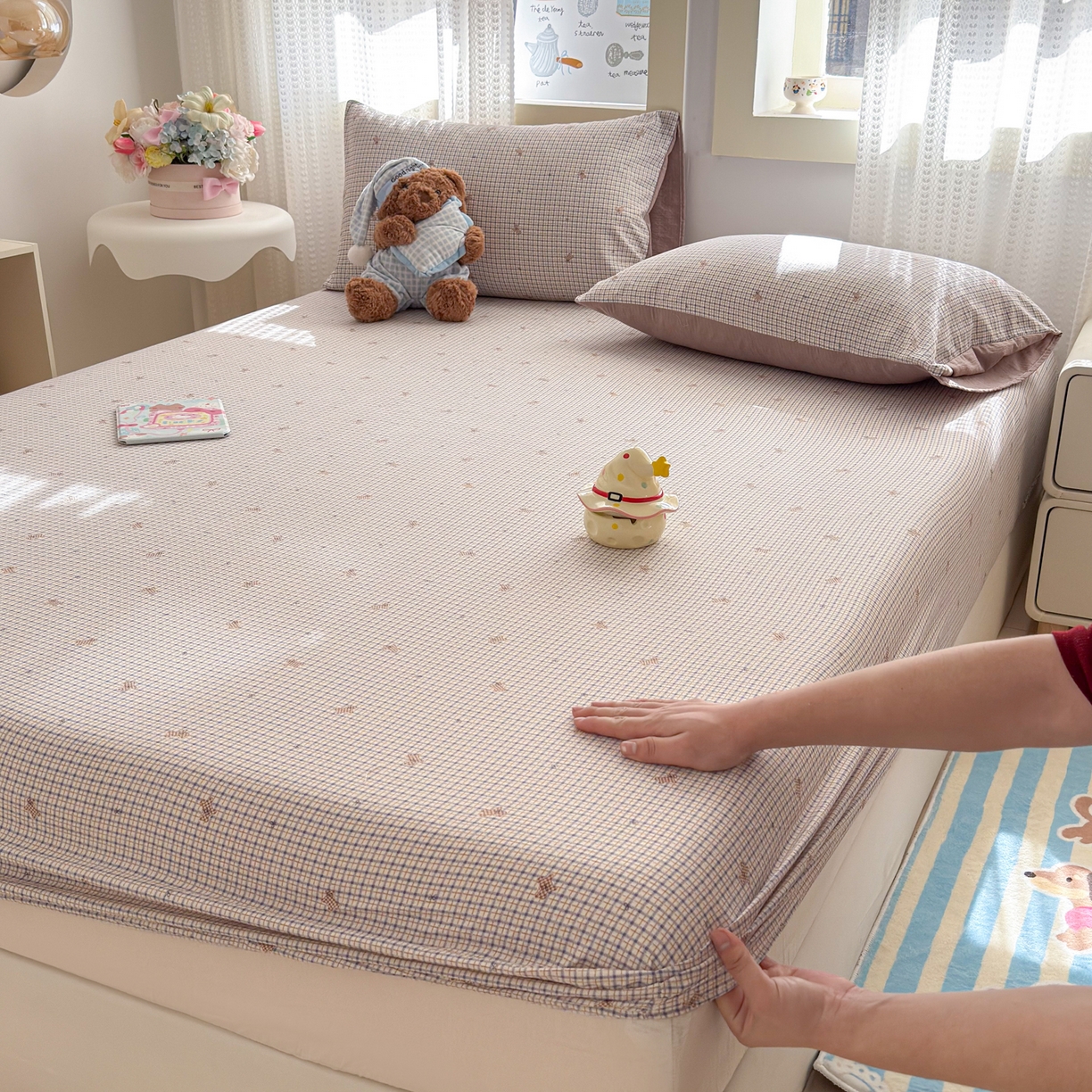 91家纺网 家纺一手货源 找家纺 丽美人家纺 2026新款A类柔软双层皱皱纱印花单床笠床笠单件 柔格小狗