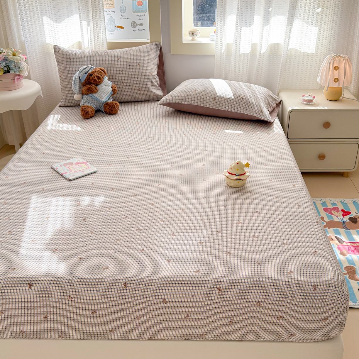 91家纺网 家纺一手货源 找家纺 丽美人家纺 2026新款A类柔软双层皱皱纱印花单床笠床笠单件 柔格小狗