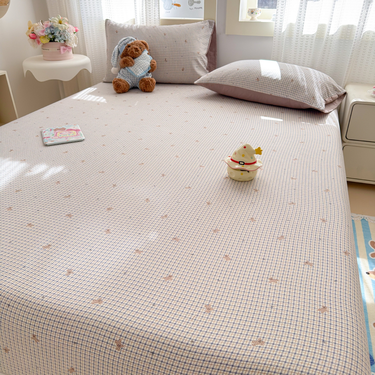 91家纺网 家纺一手货源 找家纺 丽美人家纺 2026新款A类柔软双层皱皱纱印花单床笠床笠单件 柔格小狗