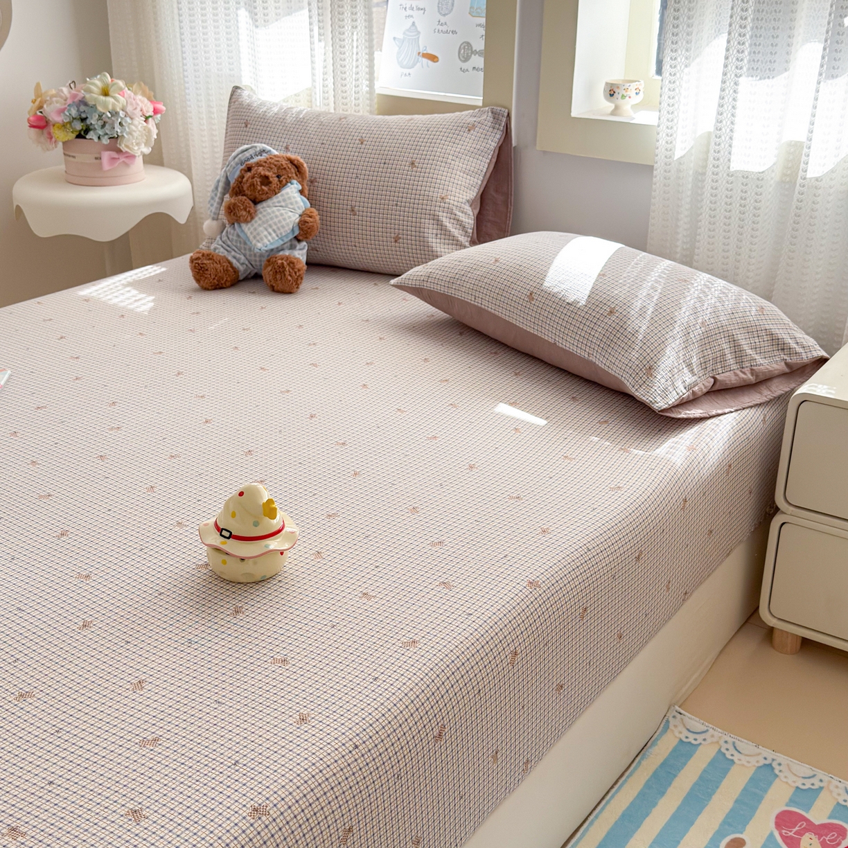 91家纺网 家纺一手货源 找家纺 丽美人家纺 2026新款A类柔软双层皱皱纱印花单床笠床笠单件 柔格小狗