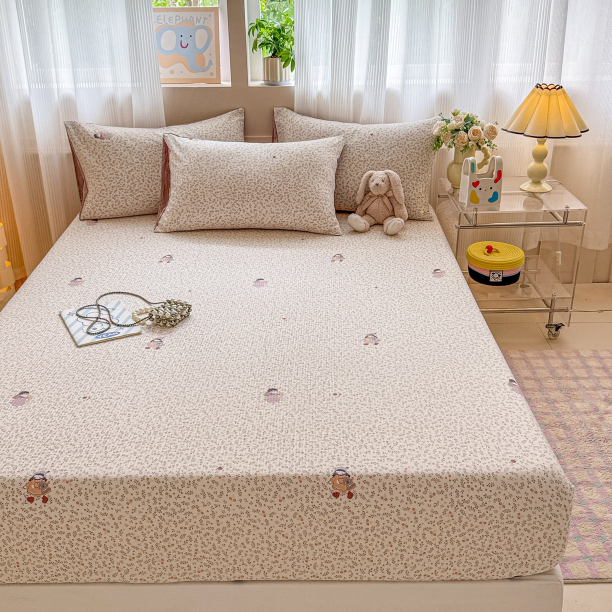 91家纺网 家纺一手货源 找家纺 丽美人家纺 2026新款A类柔软双层皱皱纱印花单床笠床笠单件 时光