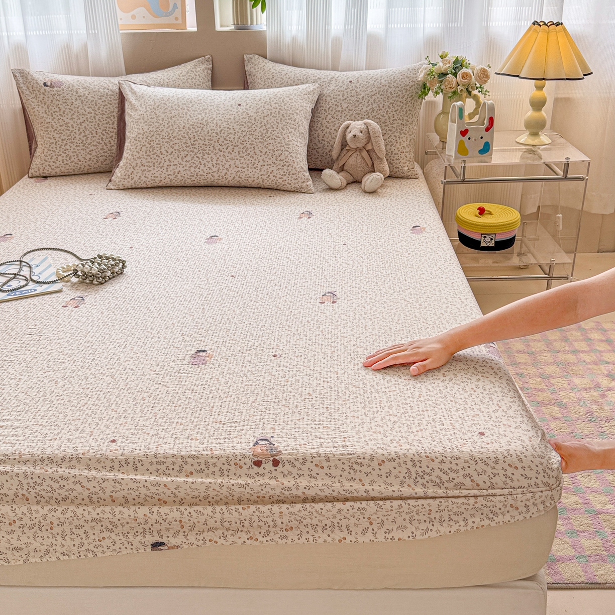 91家纺网 家纺一手货源 找家纺 丽美人家纺 2026新款A类柔软双层皱皱纱印花单床笠床笠单件 时光