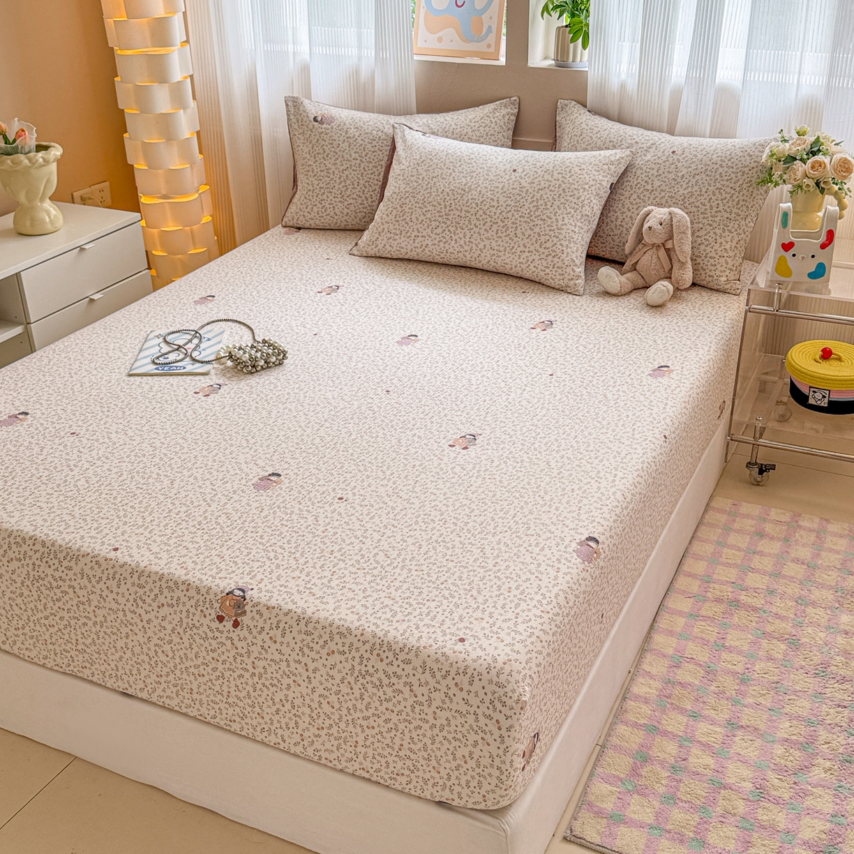 91家纺网 家纺一手货源 找家纺 丽美人家纺 2026新款A类柔软双层皱皱纱印花单床笠床笠单件 时光