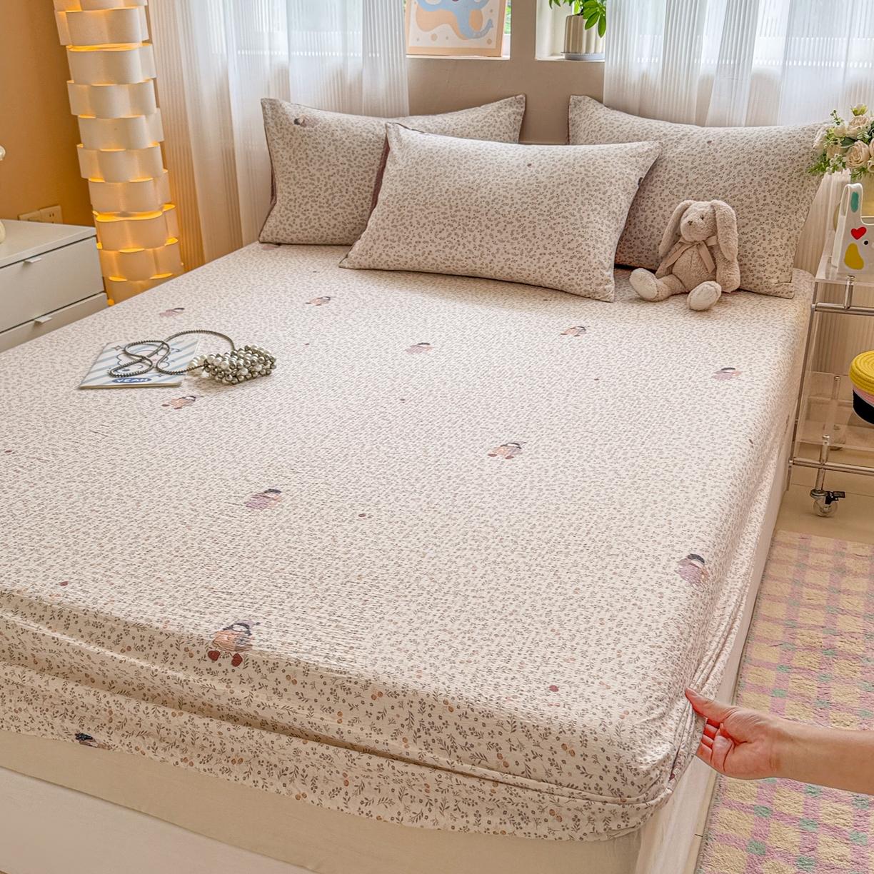 91家纺网 家纺一手货源 找家纺 丽美人家纺 2026新款A类柔软双层皱皱纱印花单床笠床笠单件 时光