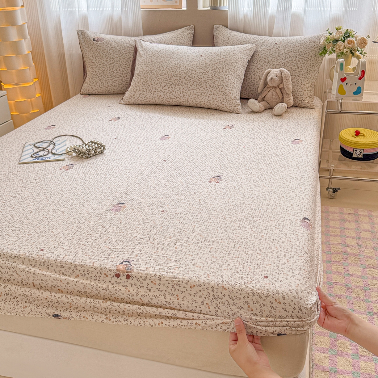 91家纺网 家纺一手货源 找家纺 丽美人家纺 2026新款A类柔软双层皱皱纱印花单床笠床笠单件 时光