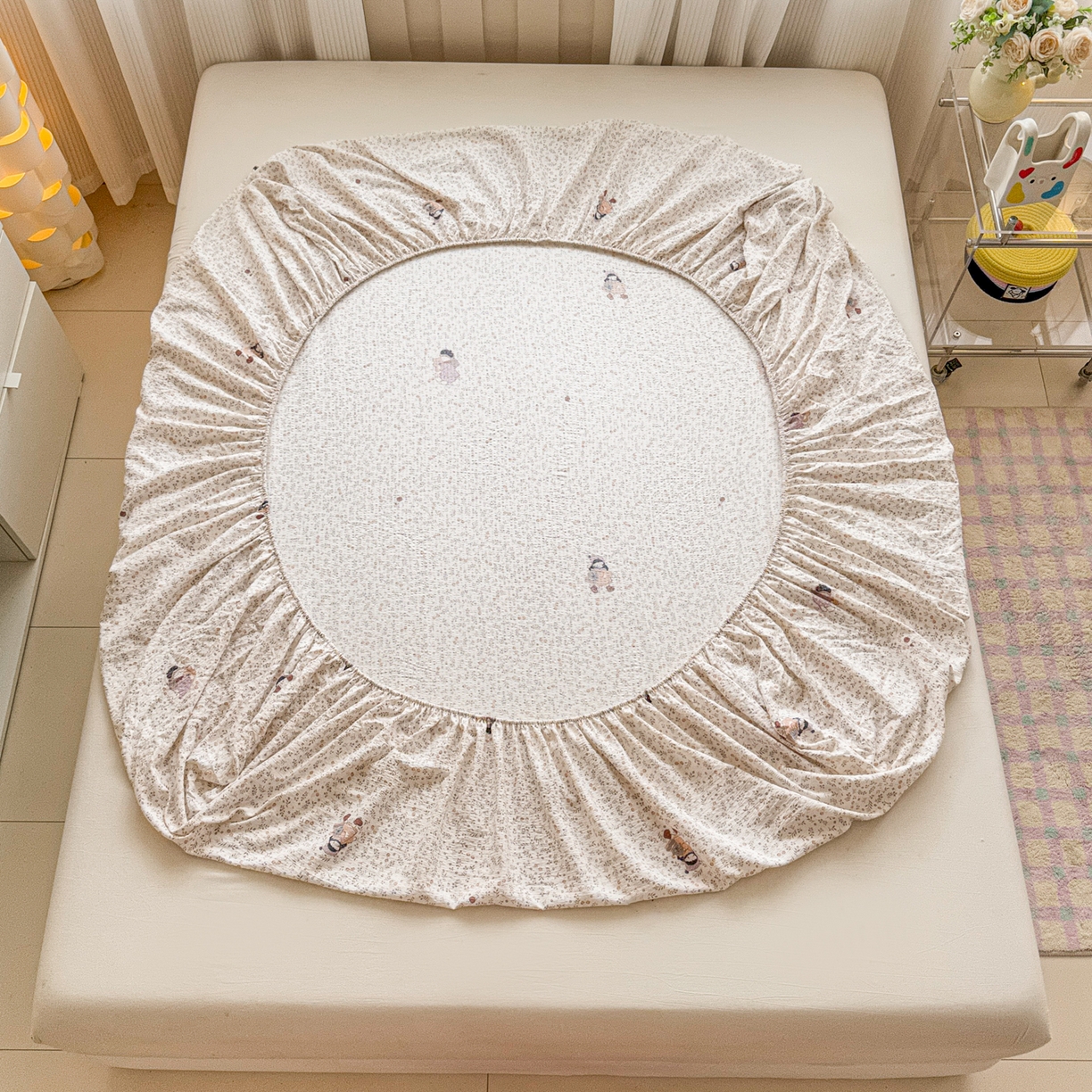 91家纺网 家纺一手货源 找家纺 丽美人家纺 2026新款A类柔软双层皱皱纱印花单床笠床笠单件 时光