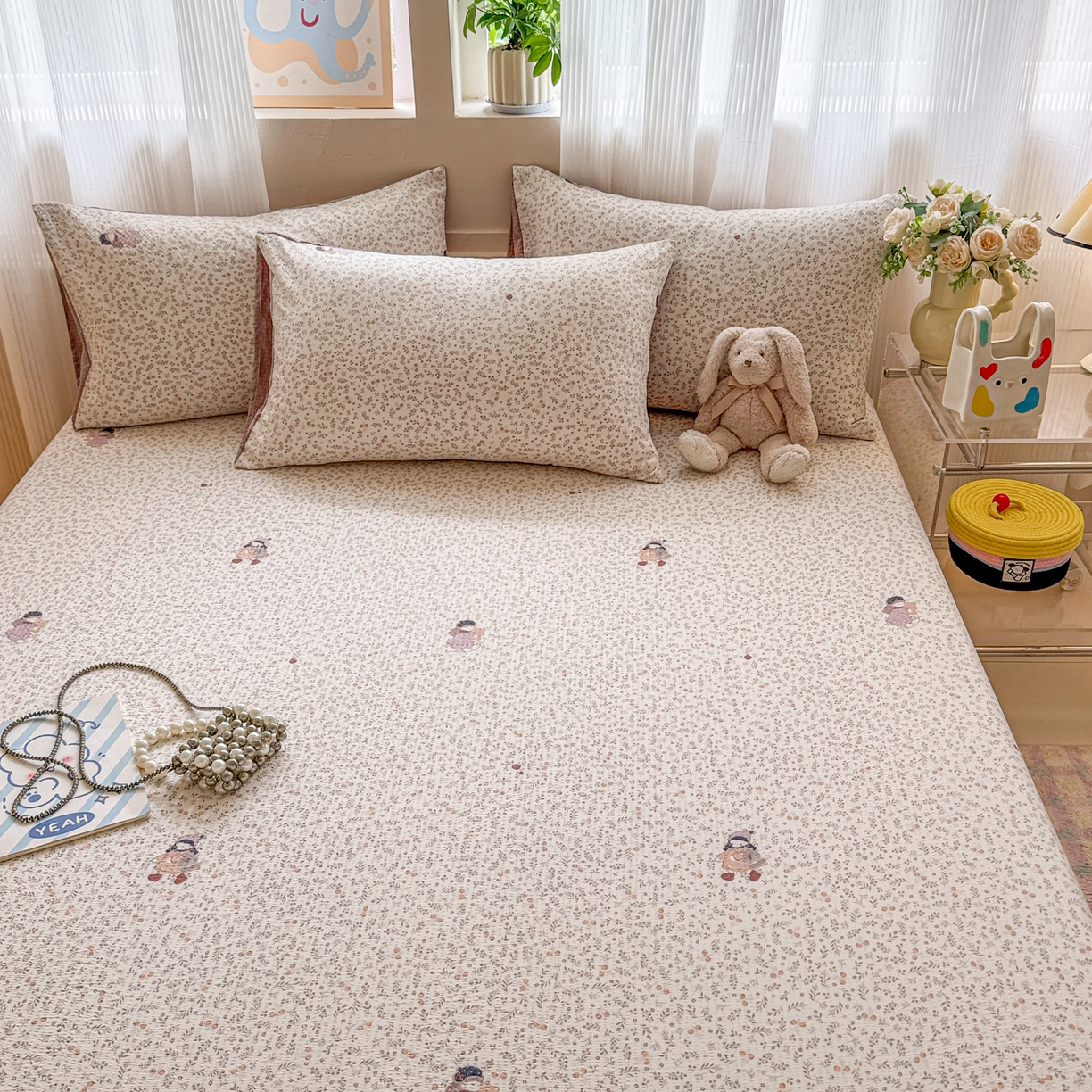 91家纺网 家纺一手货源 找家纺 丽美人家纺 2026新款A类柔软双层皱皱纱印花单床笠床笠单件 时光