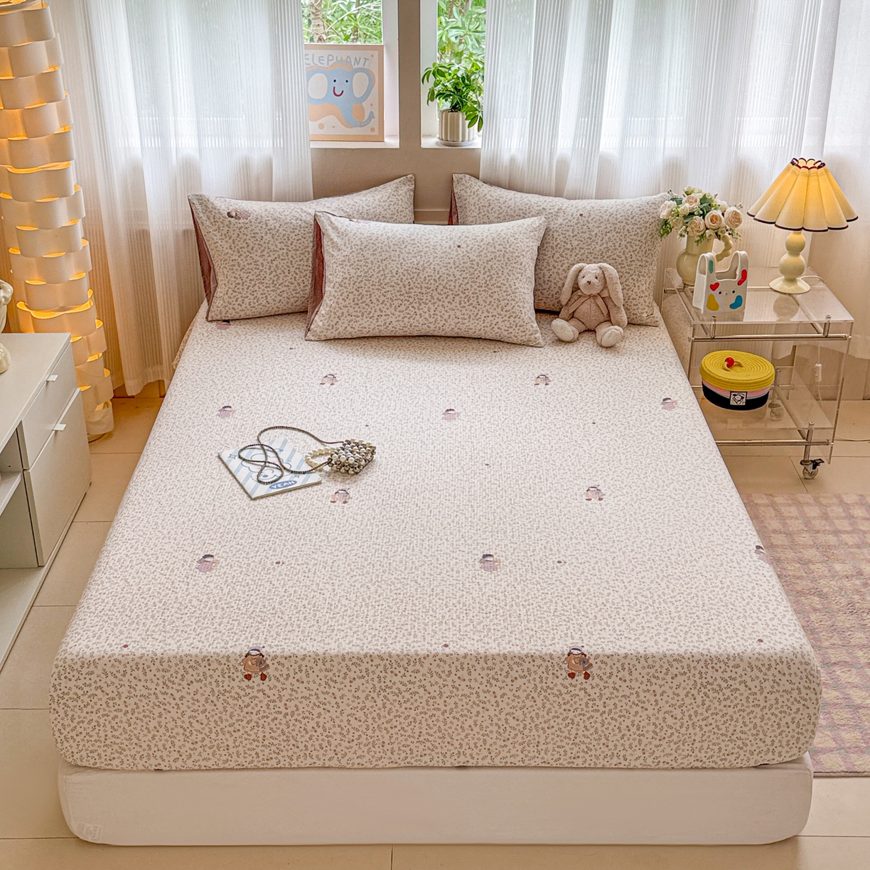 91家纺网 家纺一手货源 找家纺 丽美人家纺 2026新款A类柔软双层皱皱纱印花单床笠床笠单件 时光