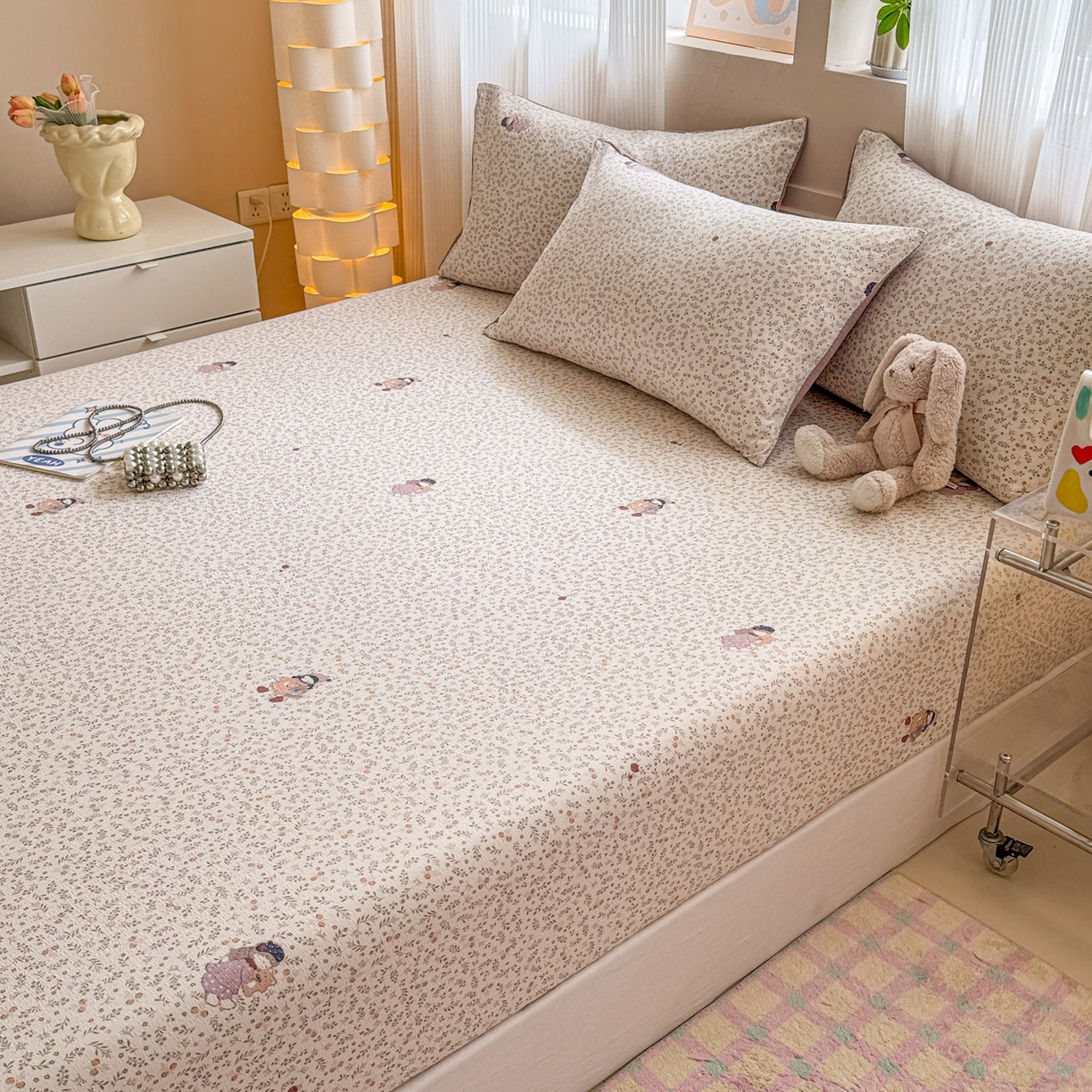 91家纺网 家纺一手货源 找家纺 丽美人家纺 2026新款A类柔软双层皱皱纱印花单床笠床笠单件 时光