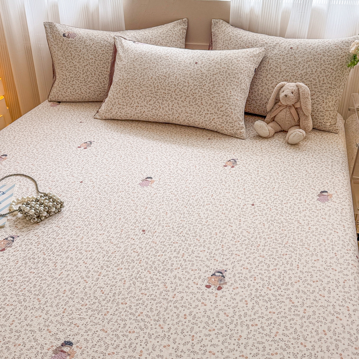 91家纺网 家纺一手货源 找家纺 丽美人家纺 2026新款A类柔软双层皱皱纱印花单床笠床笠单件 时光