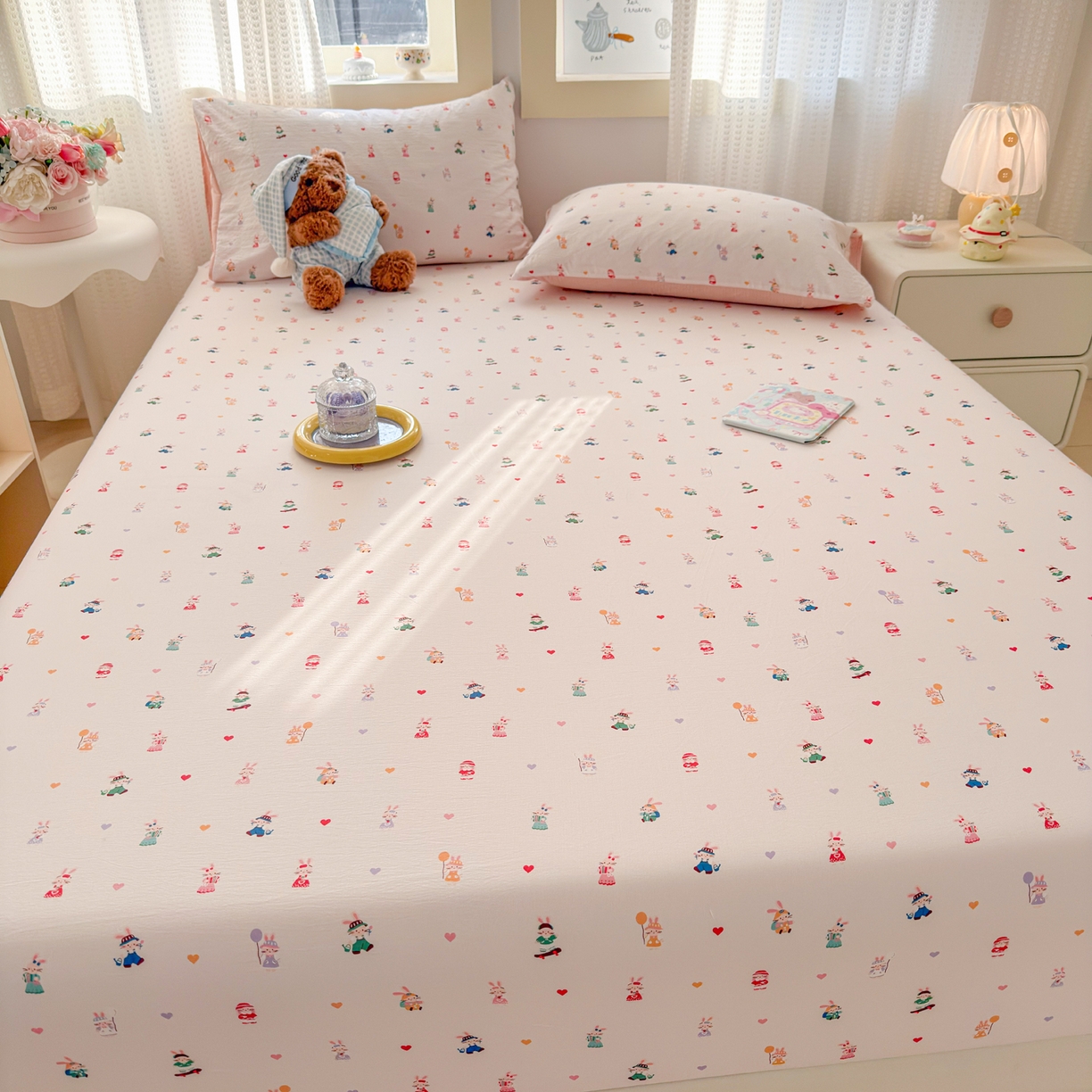 91家纺网 家纺一手货源 找家纺 丽美人家纺 2026新款A类柔软双层皱皱纱印花单床笠床笠单件 桃心萌兔集