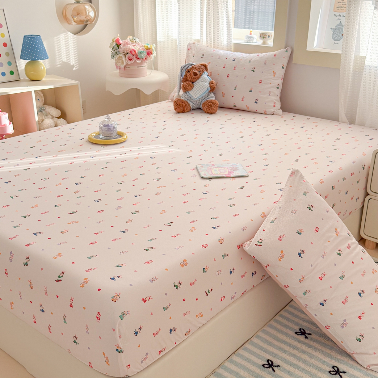 91家纺网 家纺一手货源 找家纺 丽美人家纺 2026新款A类柔软双层皱皱纱印花单床笠床笠单件 桃心萌兔集