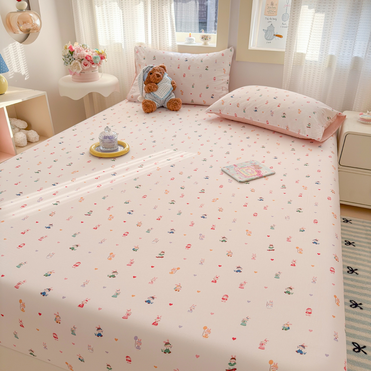 91家纺网 家纺一手货源 找家纺 丽美人家纺 2026新款A类柔软双层皱皱纱印花单床笠床笠单件 桃心萌兔集