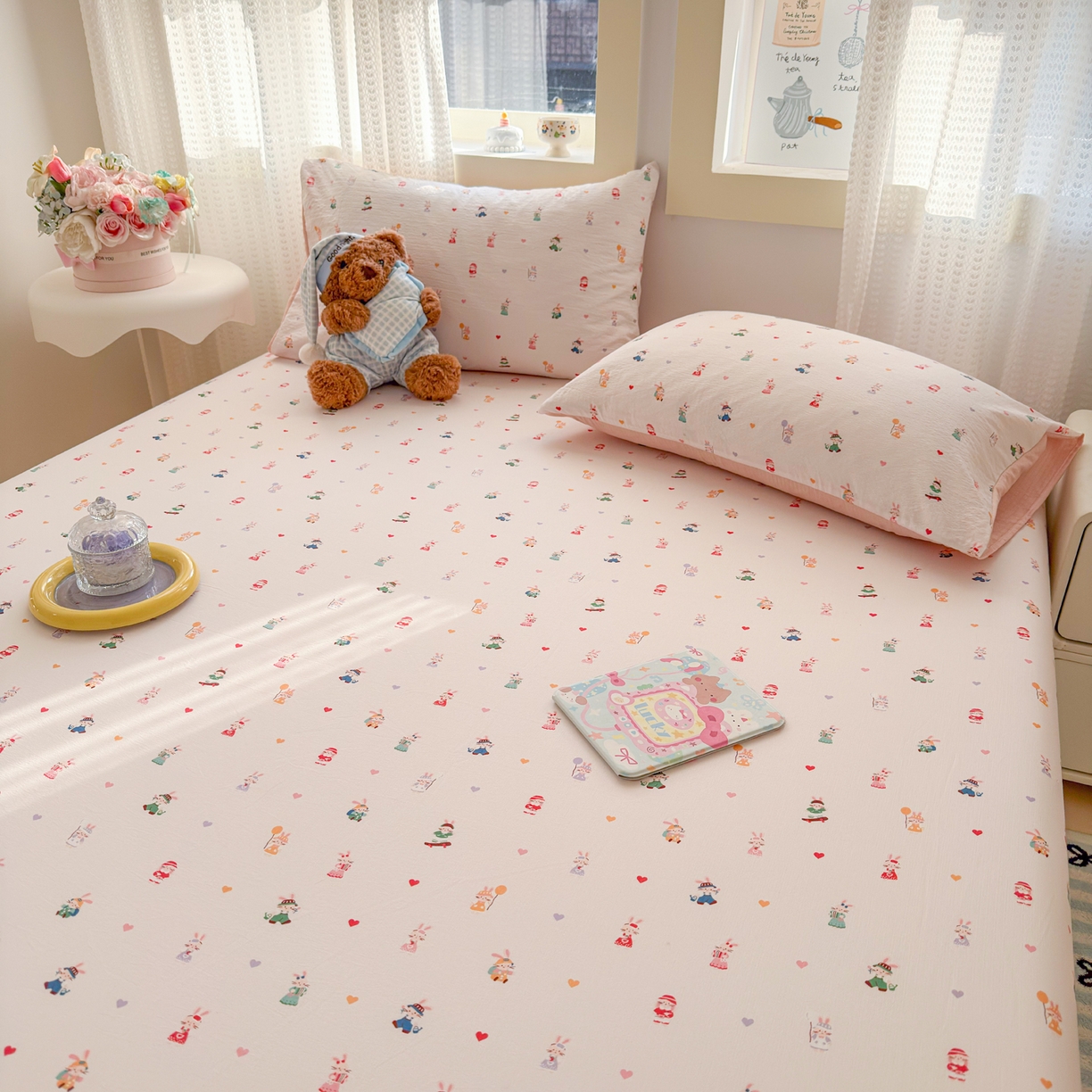 91家纺网 家纺一手货源 找家纺 丽美人家纺 2026新款A类柔软双层皱皱纱印花单床笠床笠单件 桃心萌兔集