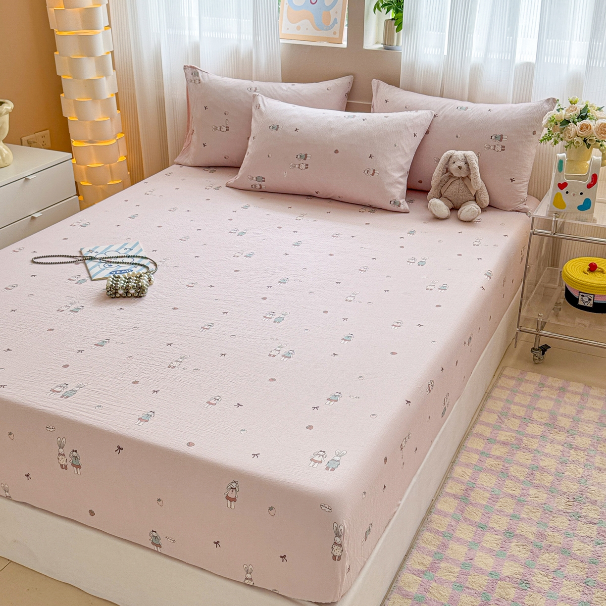 91家纺网 家纺一手货源 找家纺 丽美人家纺 2026新款A类柔软双层皱皱纱印花单床笠床笠单件 兔小姐