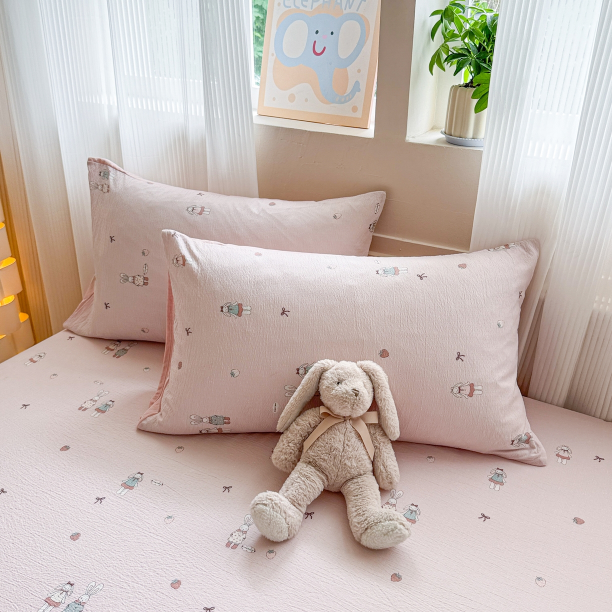 91家纺网 家纺一手货源 找家纺 丽美人家纺 2026新款A类柔软双层皱皱纱印花单床笠床笠单件 兔小姐