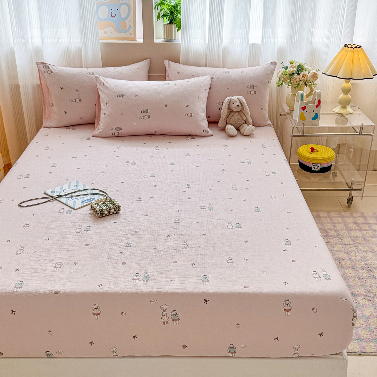 91家纺网 家纺一手货源 找家纺 丽美人家纺 2026新款A类柔软双层皱皱纱印花单床笠床笠单件 兔小姐