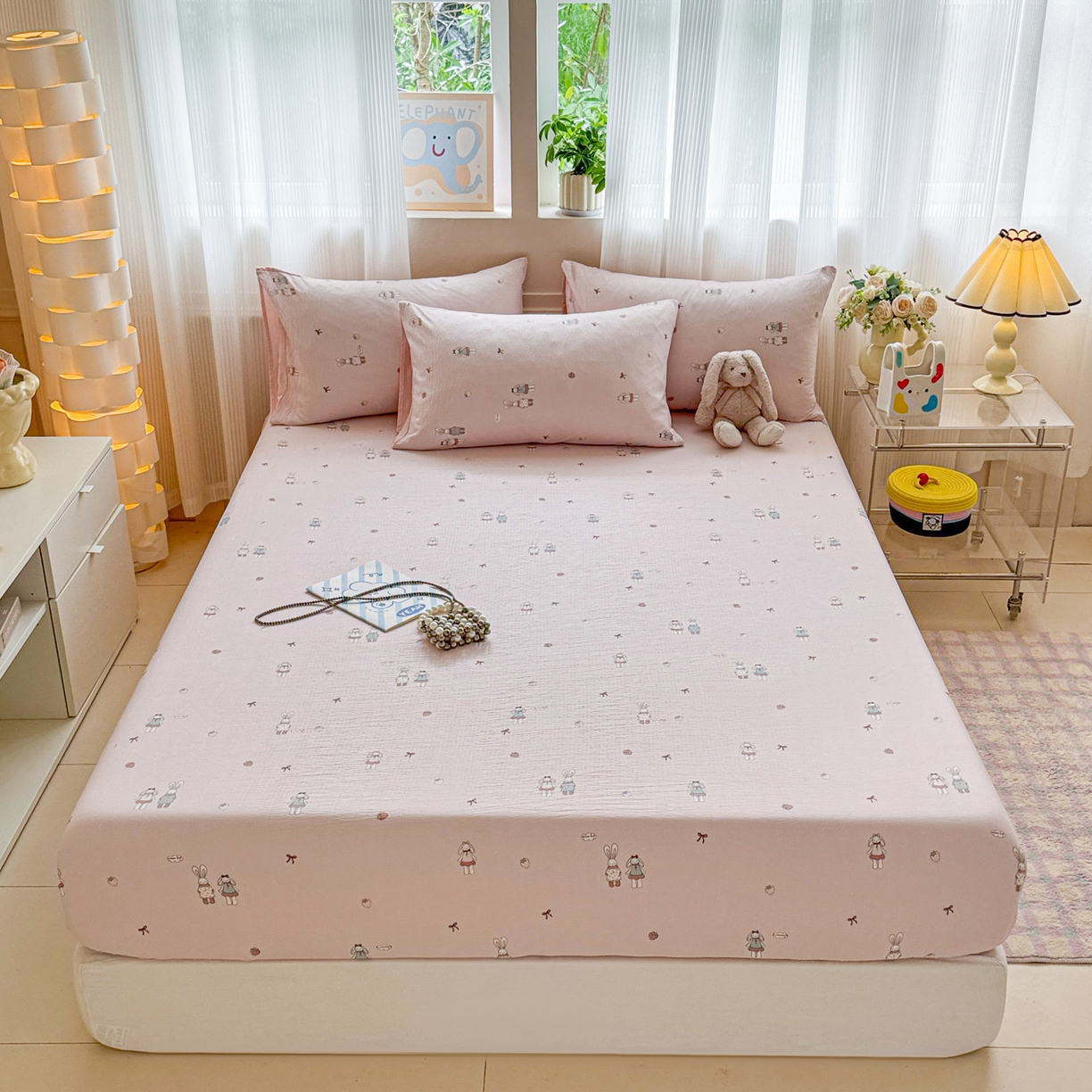 91家纺网 家纺一手货源 找家纺 丽美人家纺 2026新款A类柔软双层皱皱纱印花单床笠床笠单件 兔小姐