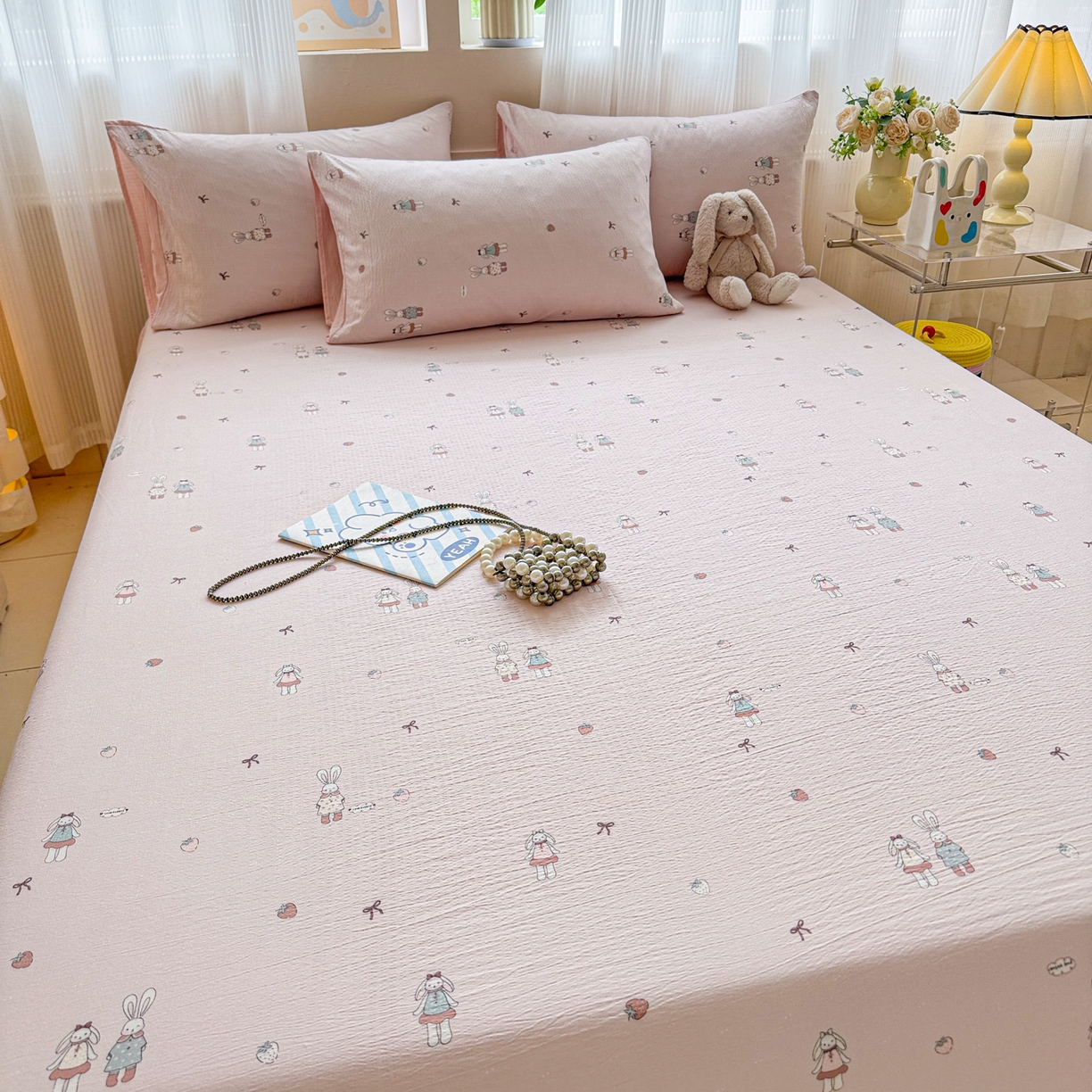 91家纺网 家纺一手货源 找家纺 丽美人家纺 2026新款A类柔软双层皱皱纱印花单床笠床笠单件 兔小姐