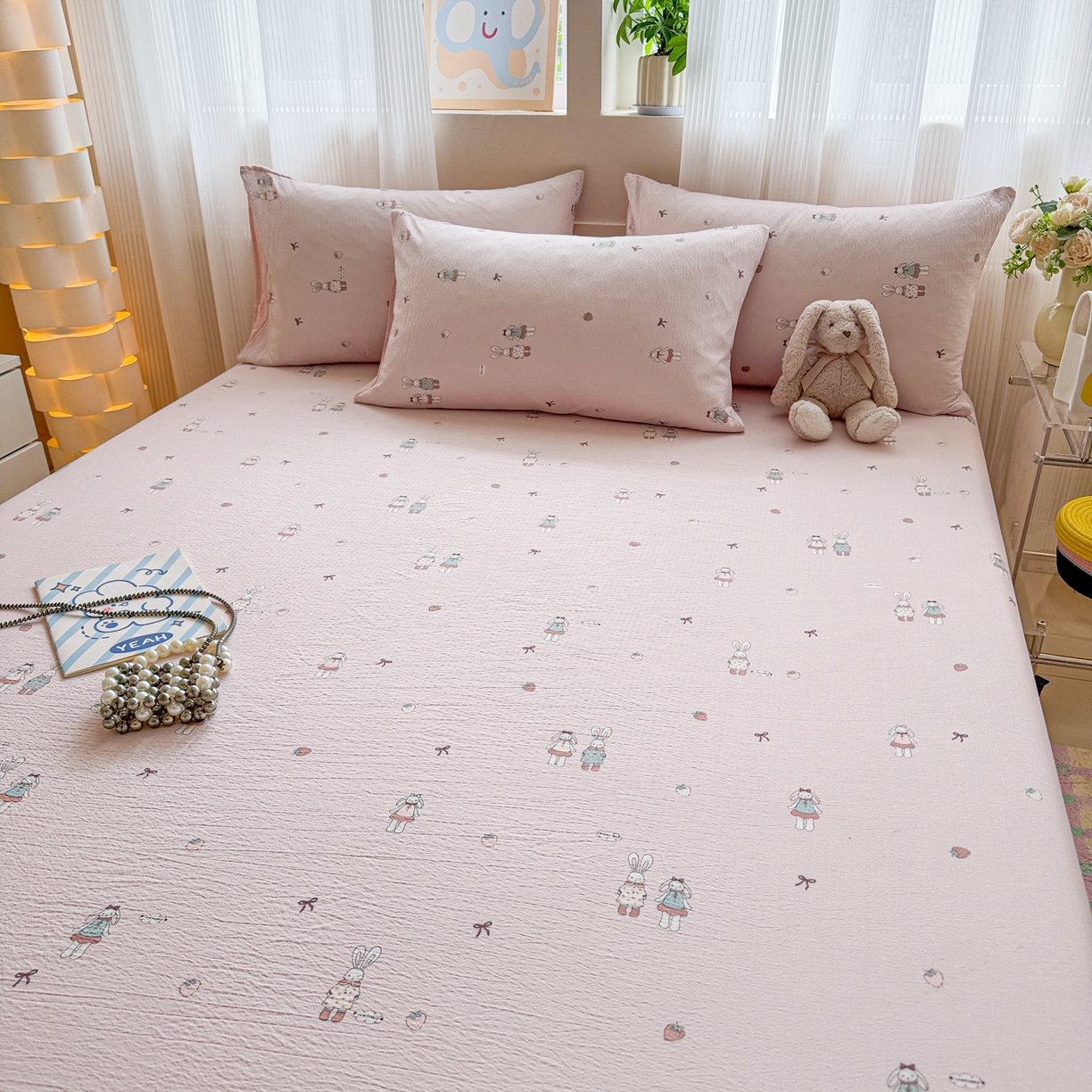 91家纺网 家纺一手货源 找家纺 丽美人家纺 2026新款A类柔软双层皱皱纱印花单床笠床笠单件 兔小姐