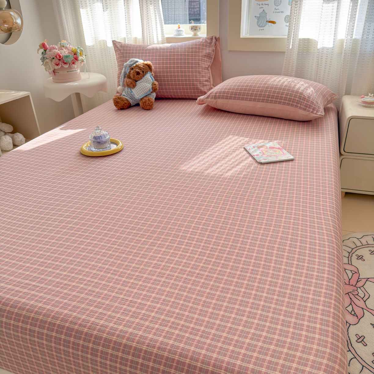 91家纺网 家纺一手货源 找家纺 丽美人家纺 2026新款A类柔软双层皱皱纱印花单床笠床笠单件 英伦红格