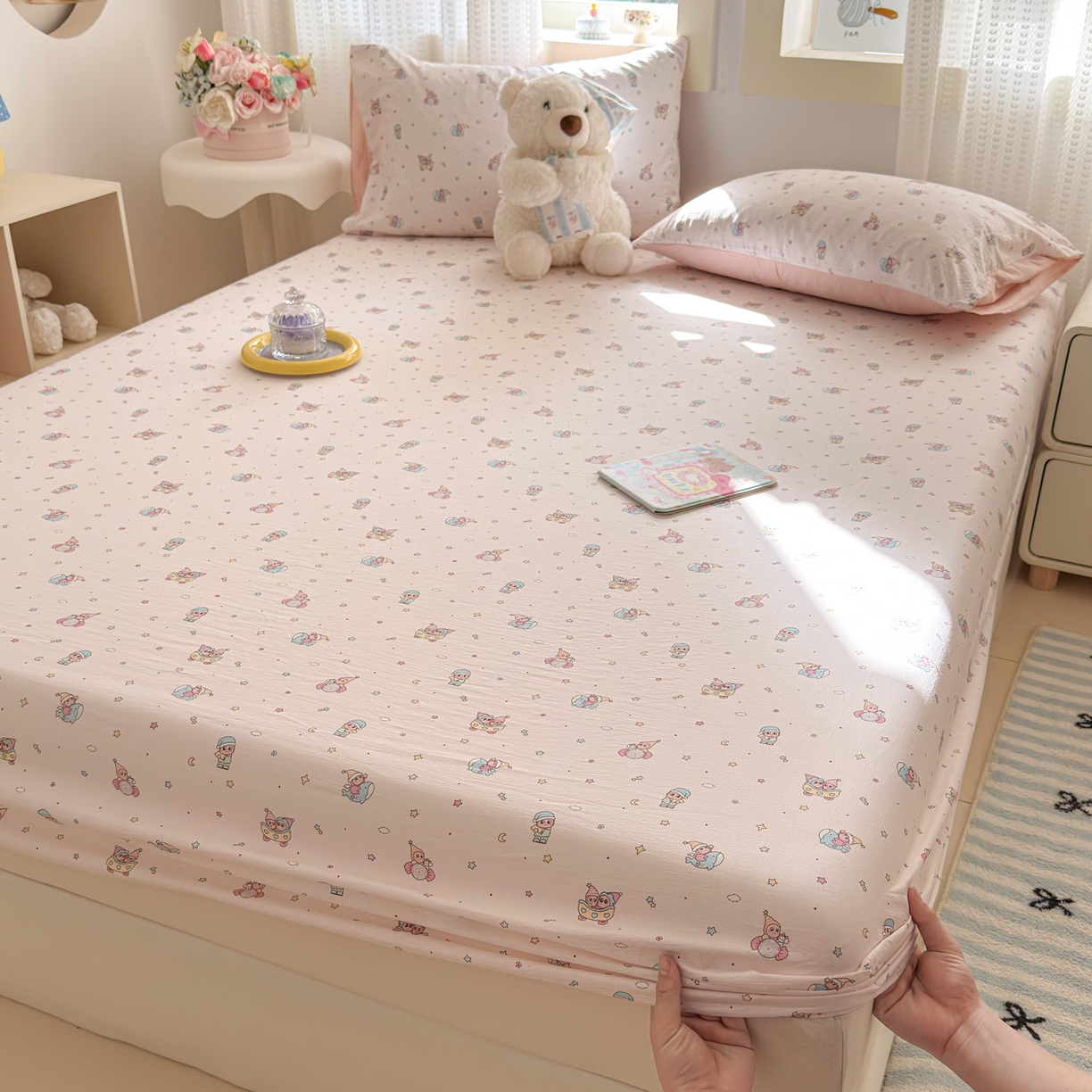 91家纺网 家纺一手货源 找家纺 丽美人家纺 2026新款A类柔软双层皱皱纱印花单床笠床笠单件 云间童梦