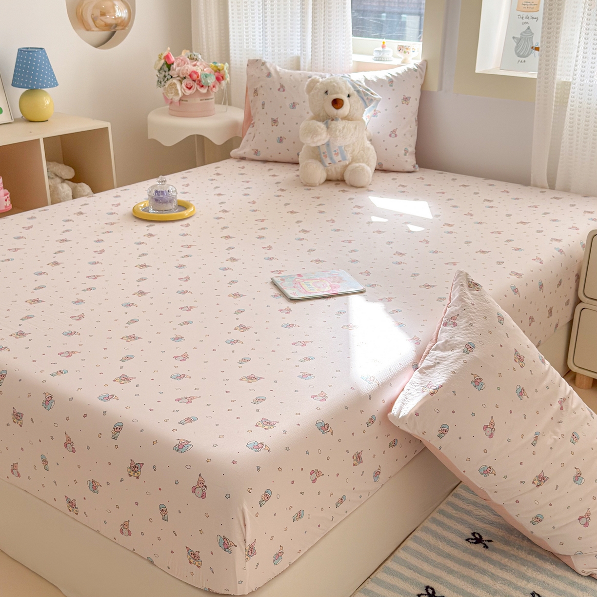 91家纺网 家纺一手货源 找家纺 丽美人家纺 2026新款A类柔软双层皱皱纱印花单床笠床笠单件 云间童梦