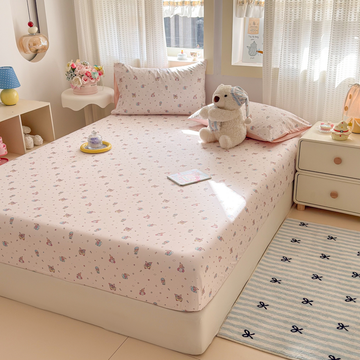 91家纺网 家纺一手货源 找家纺 丽美人家纺 2026新款A类柔软双层皱皱纱印花单床笠床笠单件 云间童梦