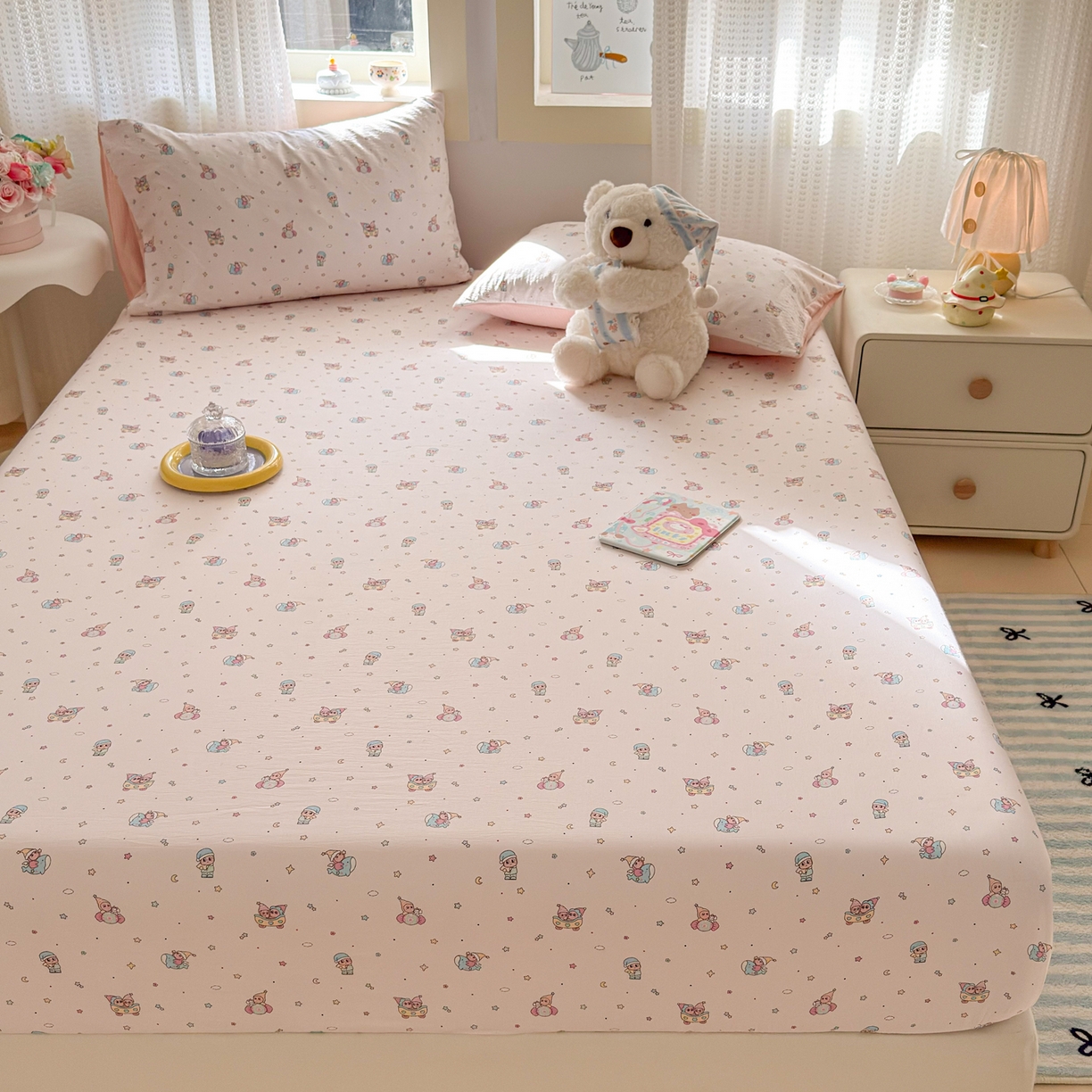 91家纺网 家纺一手货源 找家纺 丽美人家纺 2026新款A类柔软双层皱皱纱印花单床笠床笠单件 云间童梦