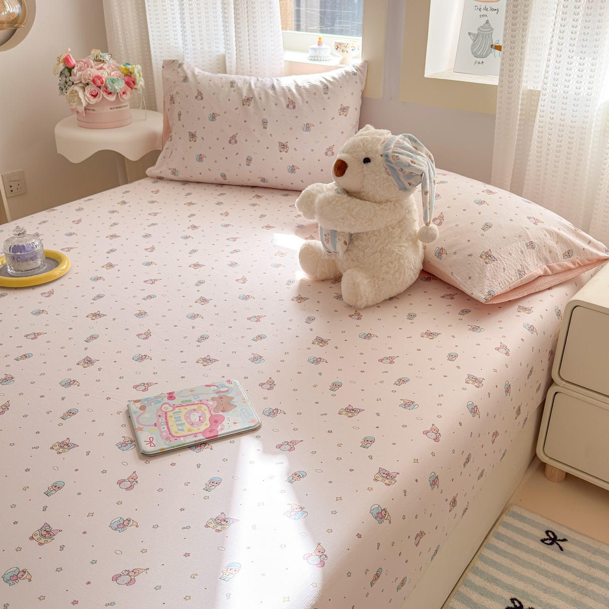 91家纺网 家纺一手货源 找家纺 丽美人家纺 2026新款A类柔软双层皱皱纱印花单床笠床笠单件 云间童梦