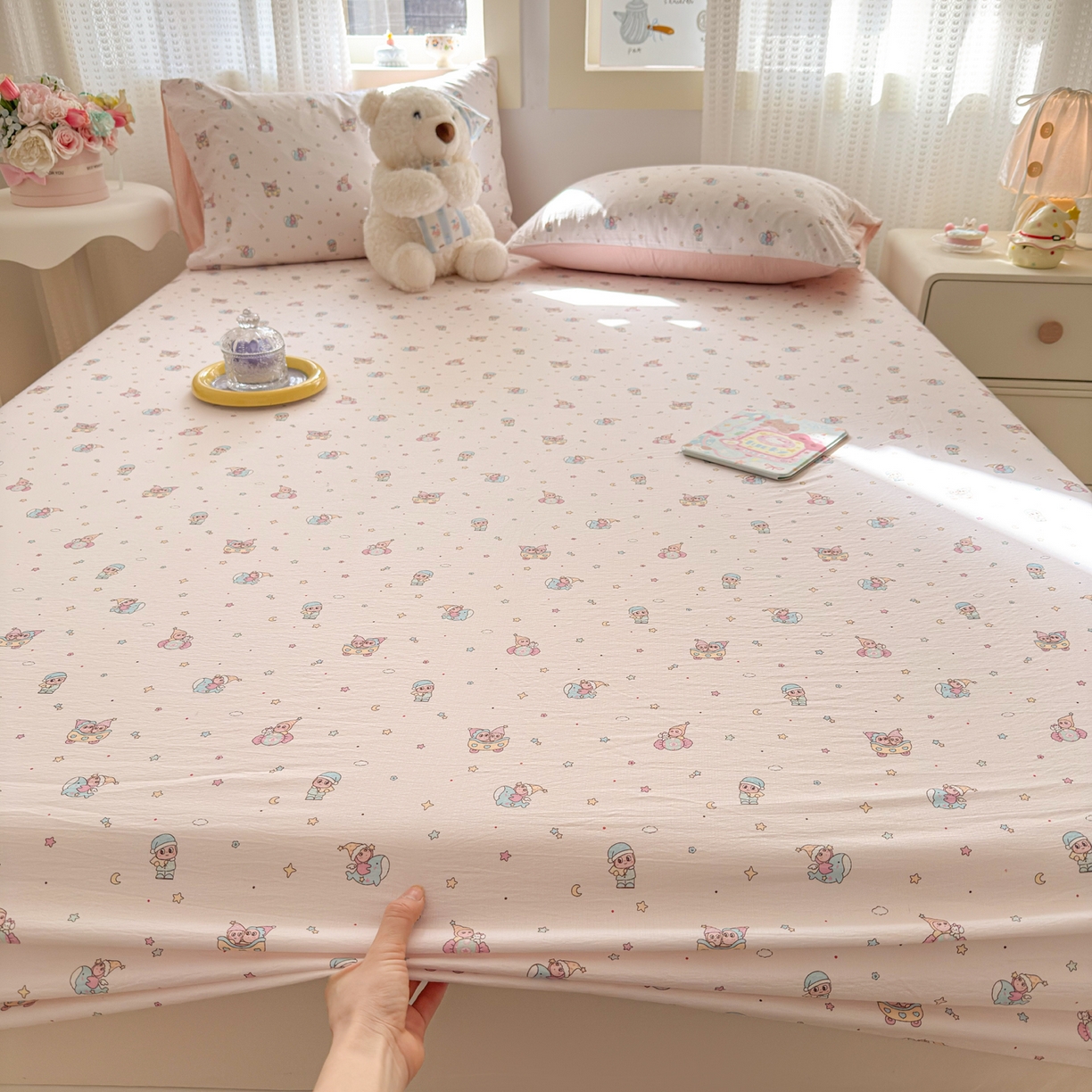 91家纺网 家纺一手货源 找家纺 丽美人家纺 2026新款A类柔软双层皱皱纱印花单床笠床笠单件 云间童梦