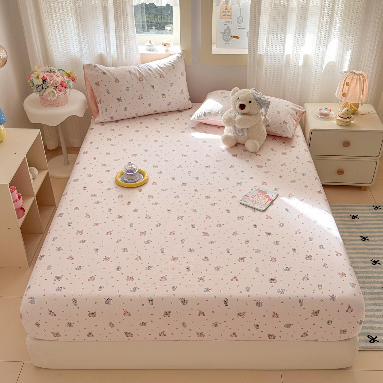 91家纺网 家纺一手货源 找家纺 丽美人家纺 2026新款A类柔软双层皱皱纱印花单床笠床笠单件 云间童梦