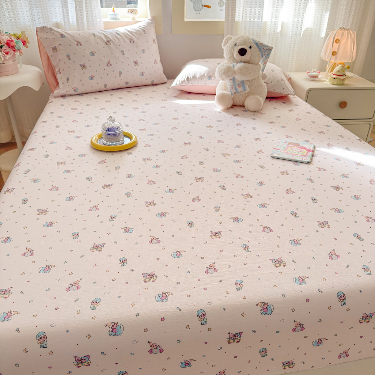 91家纺网 家纺一手货源 找家纺 丽美人家纺 2026新款A类柔软双层皱皱纱印花单床笠床笠单件 云间童梦