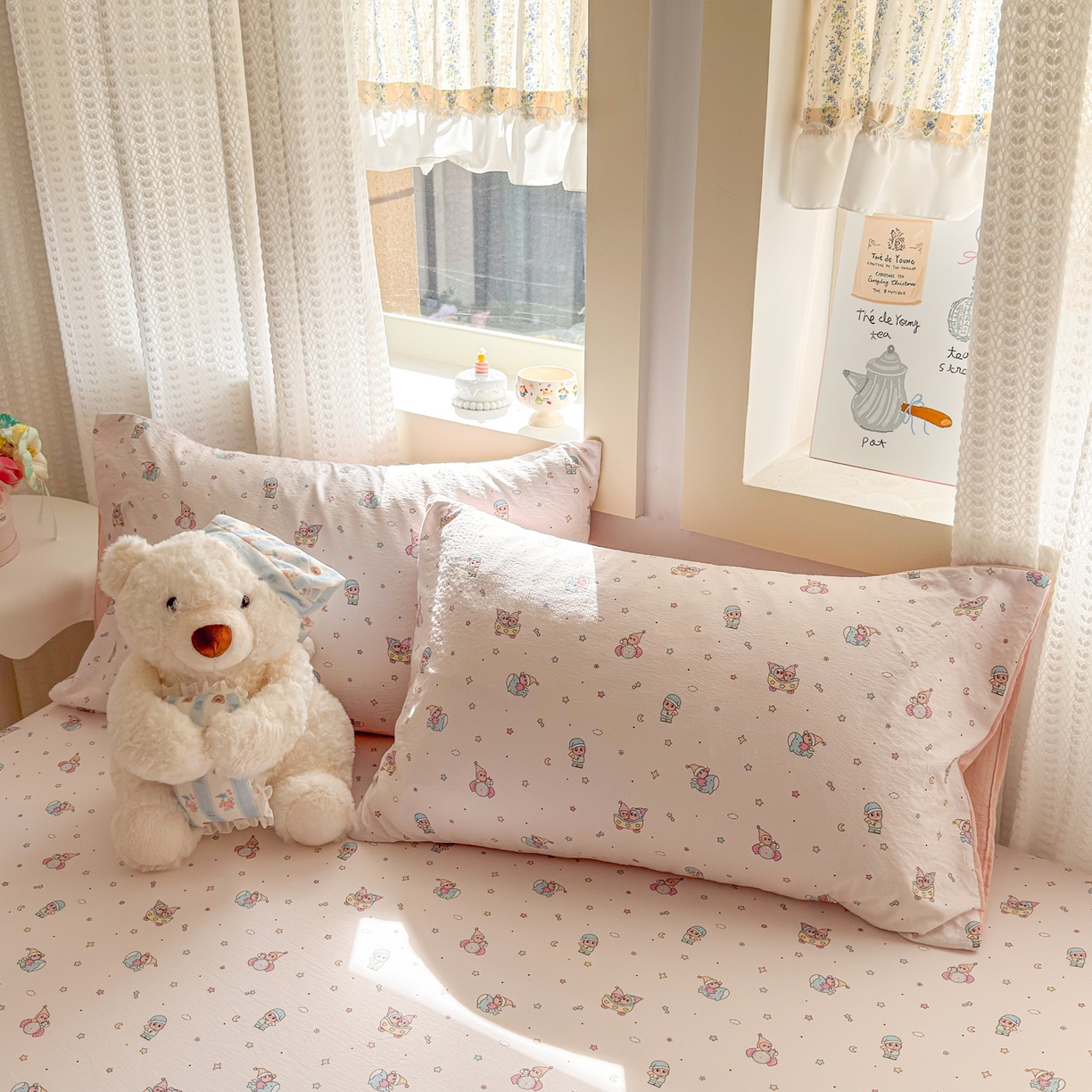 91家纺网 家纺一手货源 找家纺 丽美人家纺 2026新款A类柔软双层皱皱纱印花单床笠床笠单件 云间童梦