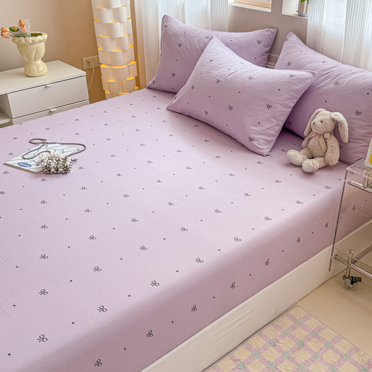 91家纺网 家纺一手货源 找家纺 丽美人家纺 2026新款A类柔软双层皱皱纱印花单床笠床笠单件 紫色蝴蝶结