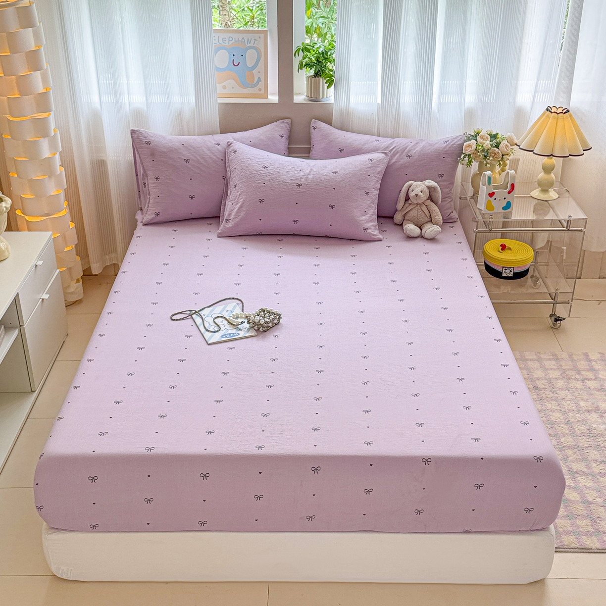 91家纺网 家纺一手货源 找家纺 丽美人家纺 2026新款A类柔软双层皱皱纱印花单床笠床笠单件 紫色蝴蝶结