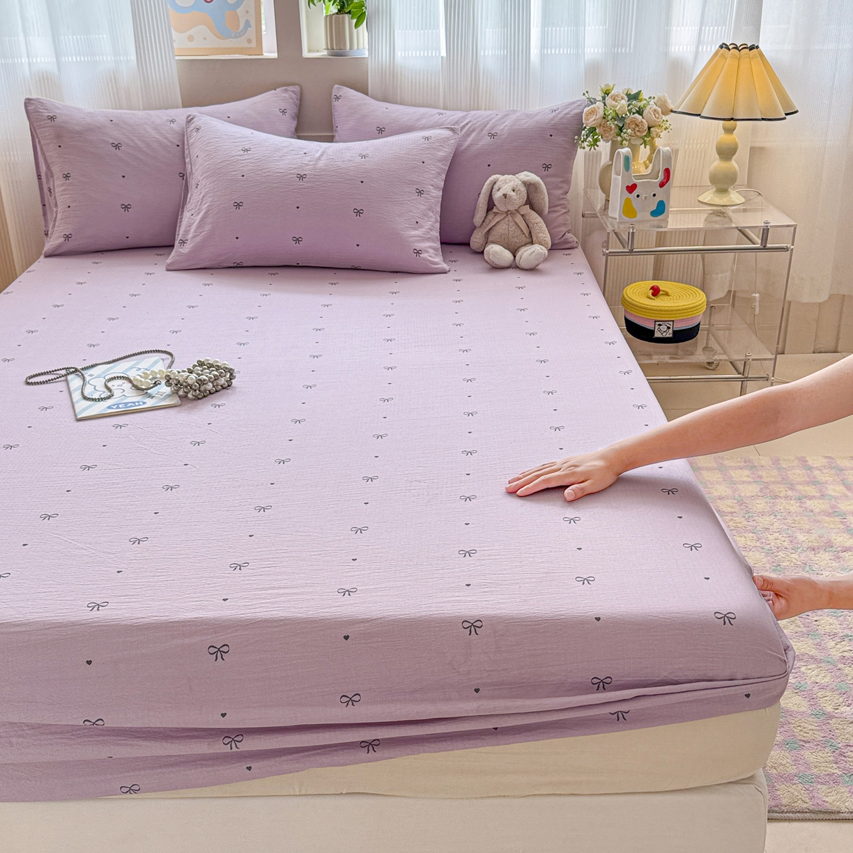 91家纺网 家纺一手货源 找家纺 丽美人家纺 2026新款A类柔软双层皱皱纱印花单床笠床笠单件 紫色蝴蝶结