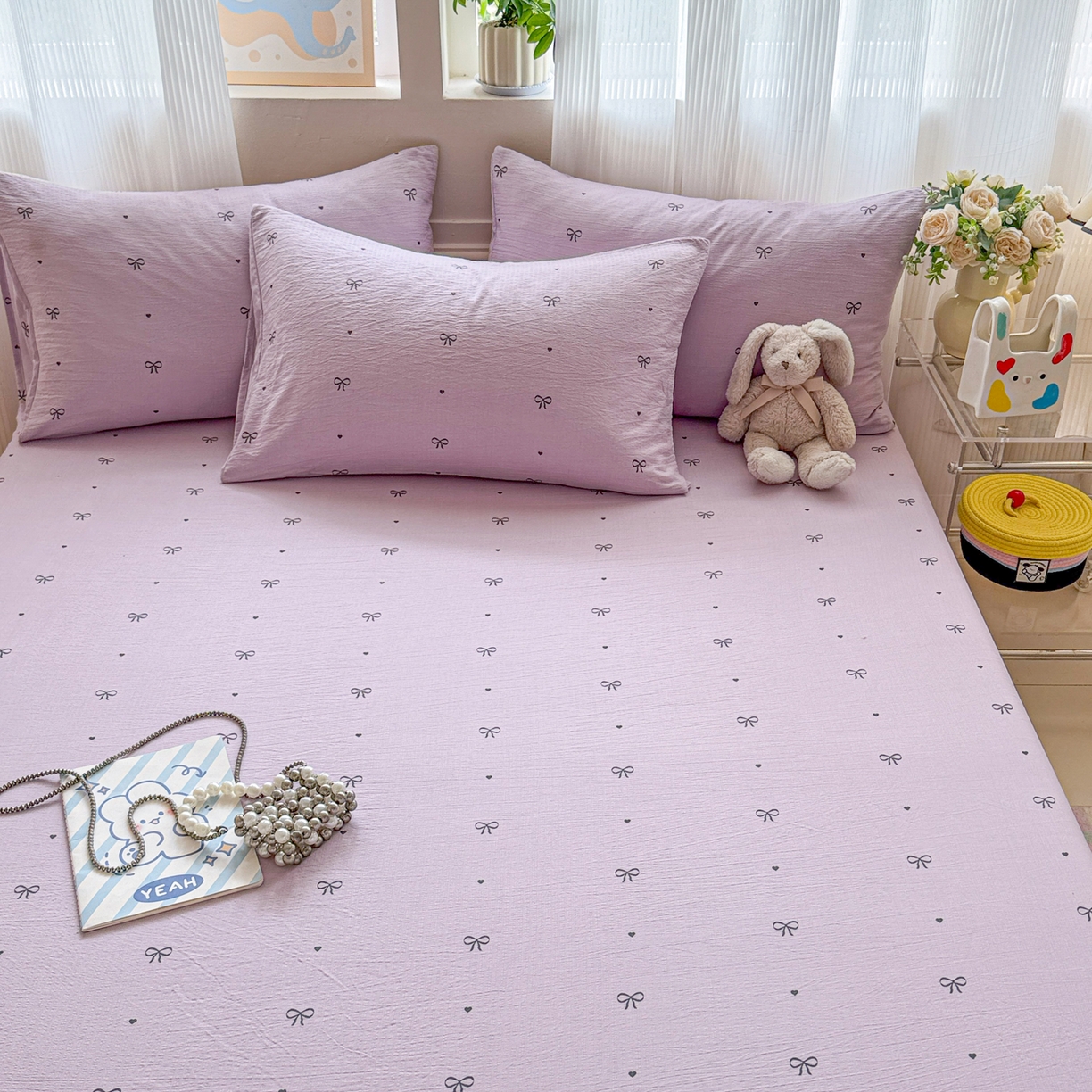 91家纺网 家纺一手货源 找家纺 丽美人家纺 2026新款A类柔软双层皱皱纱印花单床笠床笠单件 紫色蝴蝶结