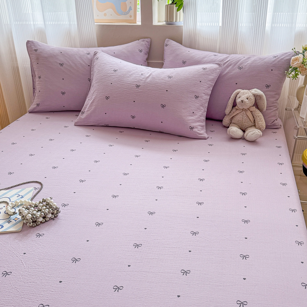 91家纺网 家纺一手货源 找家纺 丽美人家纺 2026新款A类柔软双层皱皱纱印花单床笠床笠单件 紫色蝴蝶结