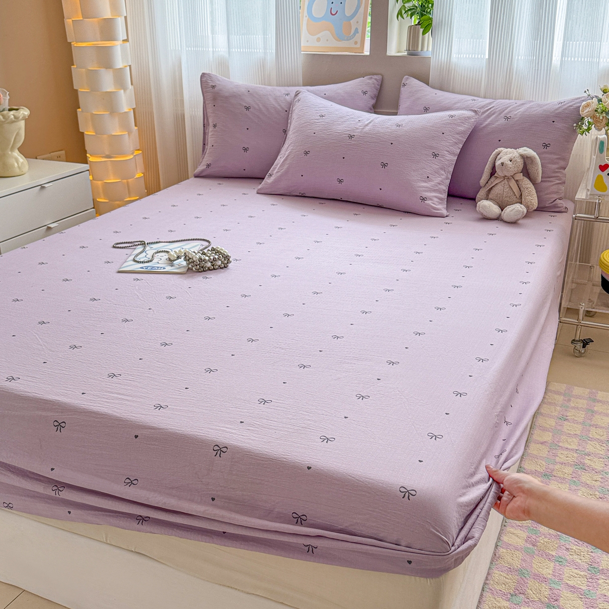 91家纺网 家纺一手货源 找家纺 丽美人家纺 2026新款A类柔软双层皱皱纱印花单床笠床笠单件 紫色蝴蝶结