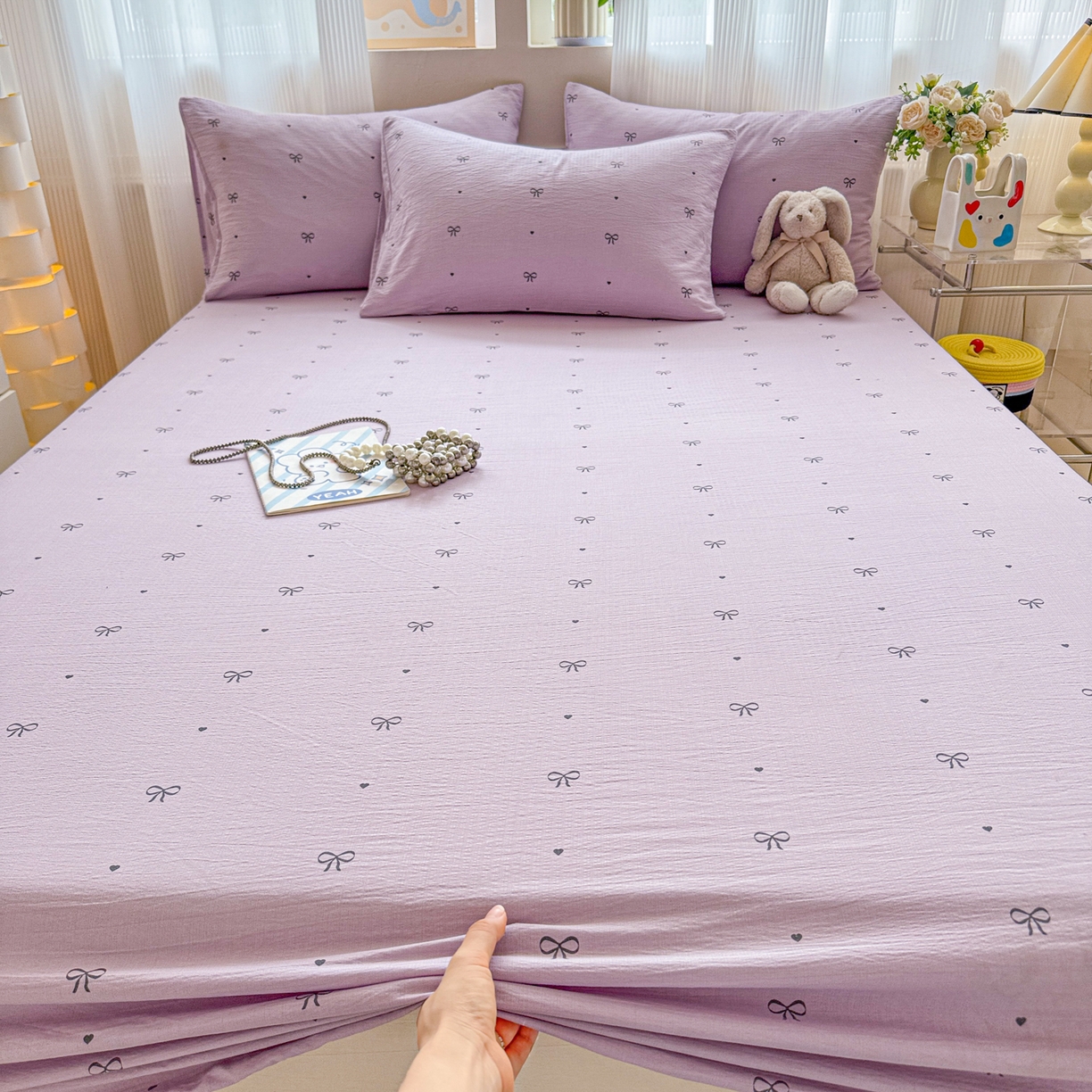 91家纺网 家纺一手货源 找家纺 丽美人家纺 2026新款A类柔软双层皱皱纱印花单床笠床笠单件 紫色蝴蝶结