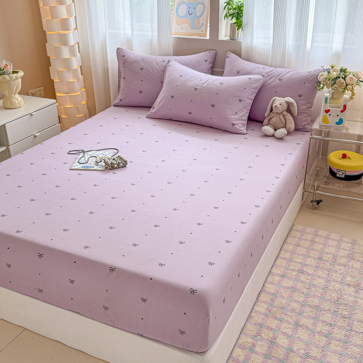 91家纺网 家纺一手货源 找家纺 丽美人家纺 2026新款A类柔软双层皱皱纱印花单床笠床笠单件 紫色蝴蝶结