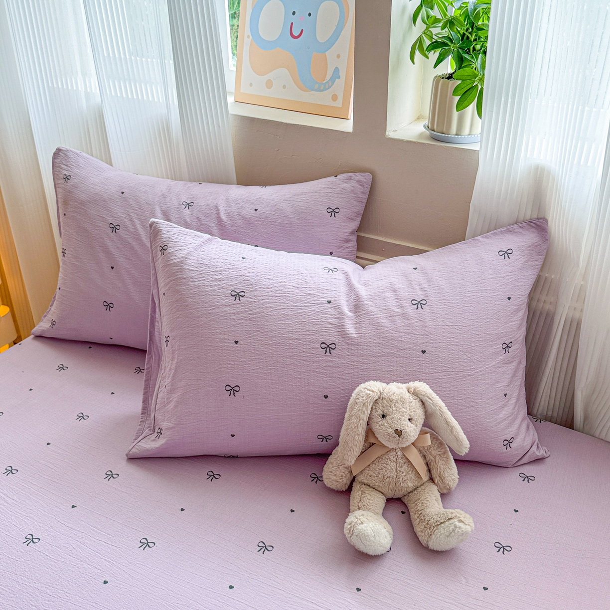 91家纺网 家纺一手货源 找家纺 丽美人家纺 2026新款A类柔软双层皱皱纱印花单床笠床笠单件 紫色蝴蝶结