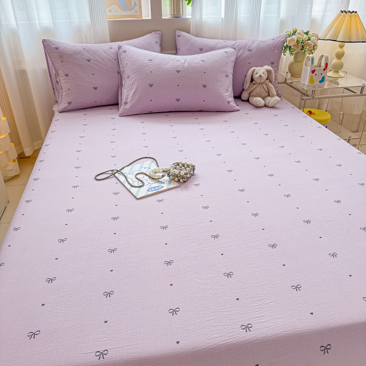 91家纺网 家纺一手货源 找家纺 丽美人家纺 2026新款A类柔软双层皱皱纱印花单床笠床笠单件 紫色蝴蝶结