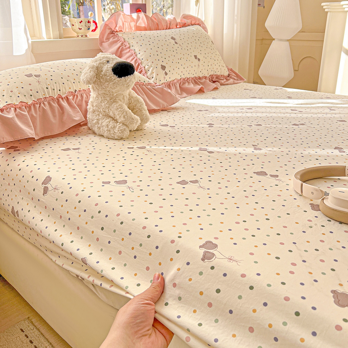 91家纺网 家纺一手货源 找家纺 富米莱单品馆 2026新款古法水洗仿棉床笠席梦思床罩杀床垫防滑罩床套罩床笠三件套 波点汽球