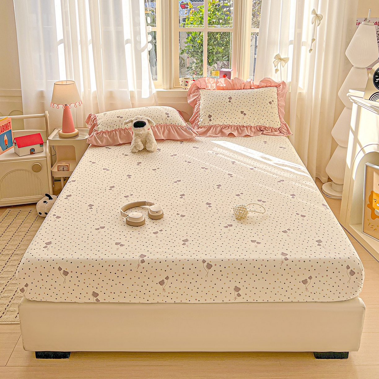 91家纺网 家纺一手货源 找家纺 富米莱单品馆 2026新款古法水洗仿棉床笠席梦思床罩杀床垫防滑罩床套罩床笠三件套 波点汽球